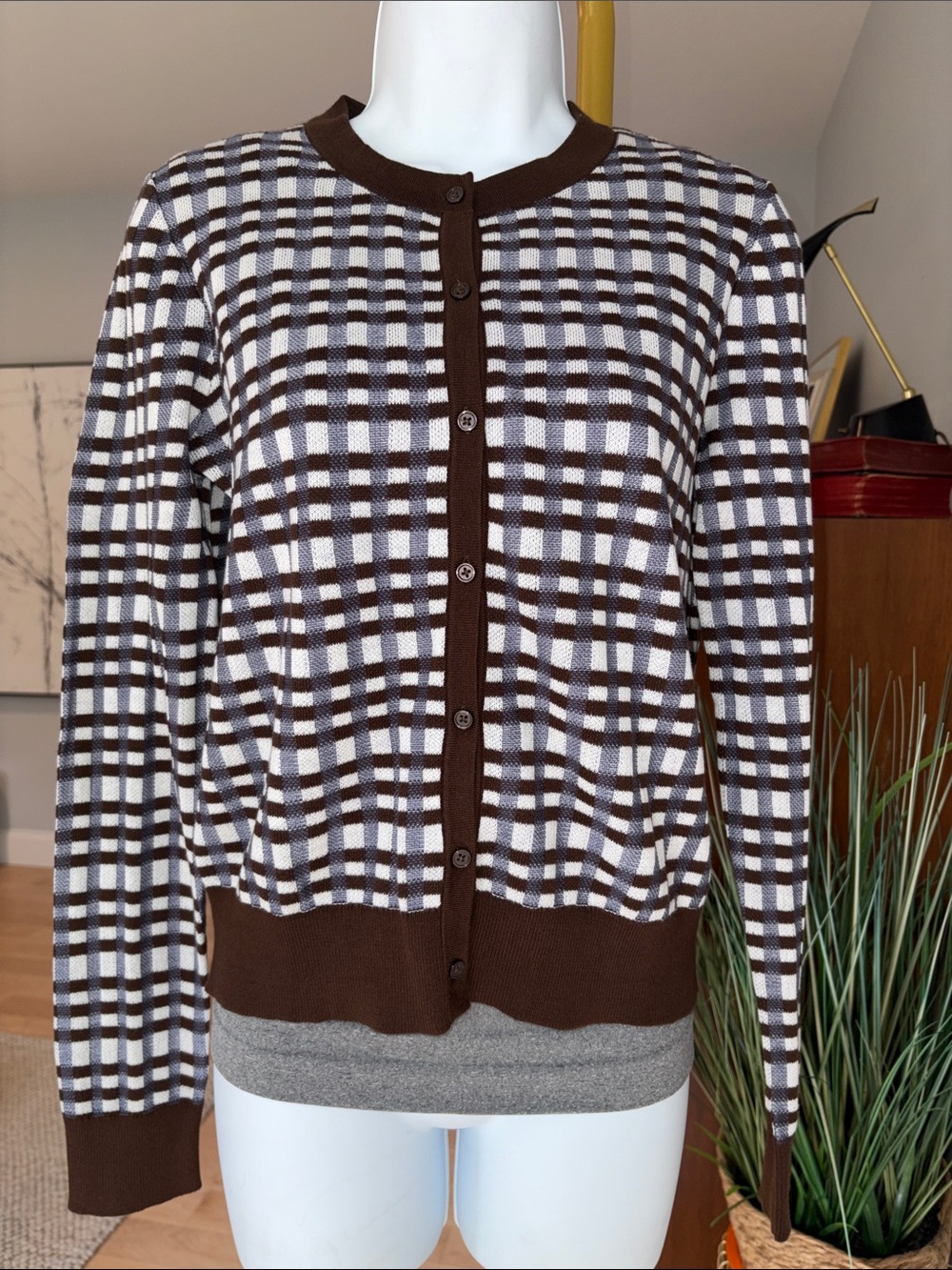 Ann Taylor Factory Brown & White Plaid Crewneck Button Cardigan